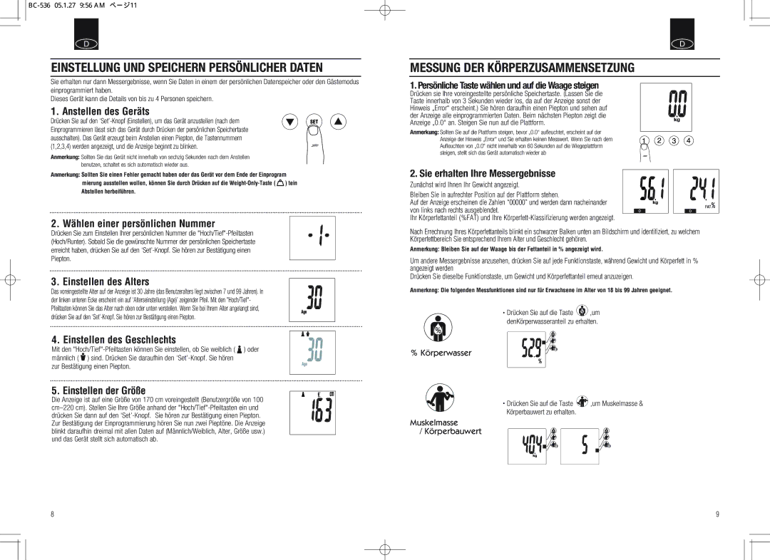 Tanita BC-536 instruction manual Einstellung UND Speichern Persönlicher Daten, Messung DER Körperzusammensetzung 