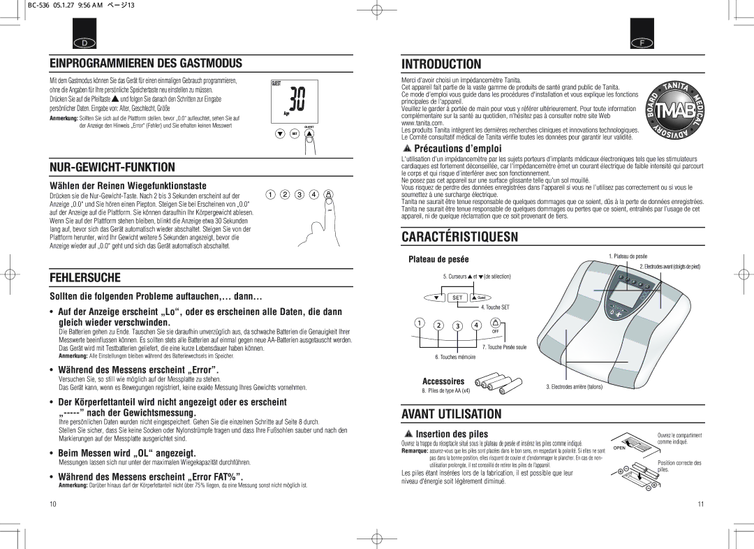 Tanita BC-536 Caractéristiquesn, Einprogrammieren DES Gastmodus, Nur-Gewicht-Funktion, Fehlersuche, Avant Utilisation 