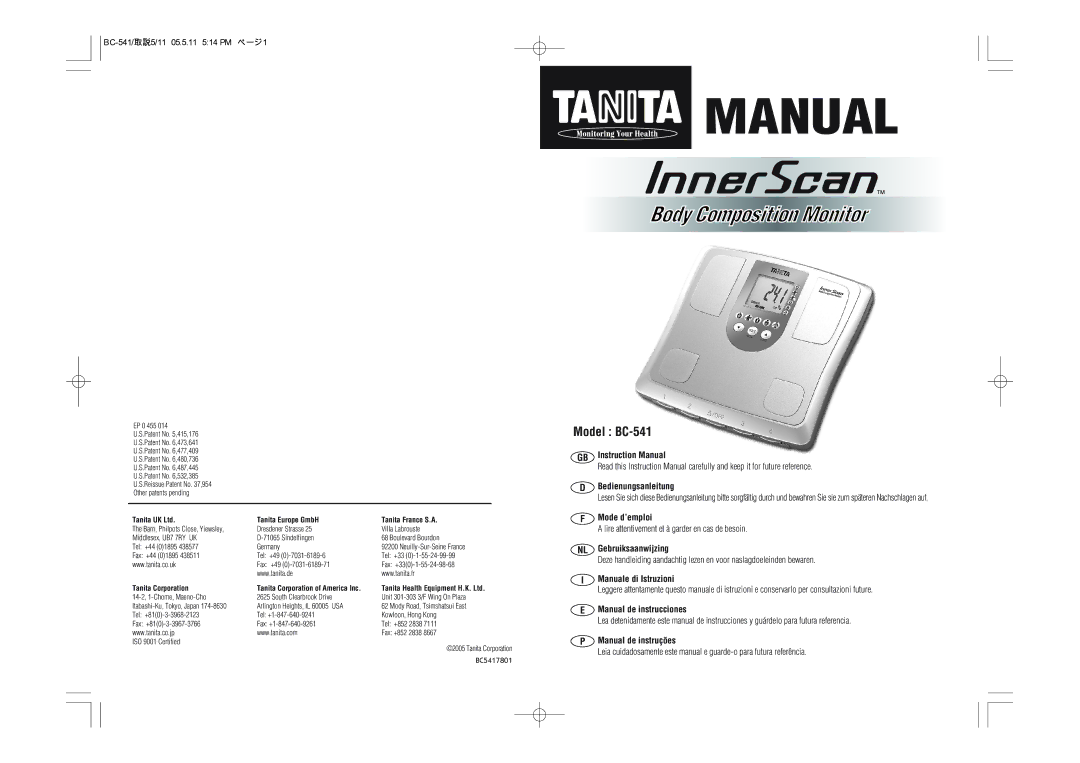 Tanita instruction manual Model BC-541, Lire attentivement et à garder en cas de besoin 