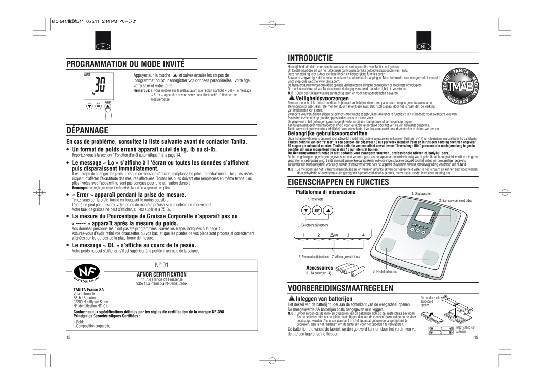 Tanita BC-541 Programmation DU Mode Invité, Introductie, Eigenschappen EN Functies Voorbereidingsmaatregelen 