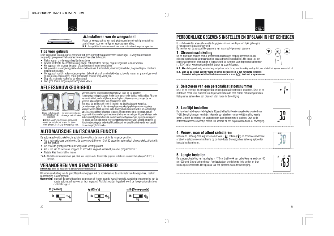 Tanita BC-541 instruction manual Afleesnauwkeurighid, Automatische Unitschakelfunctie, Veranderen VAN Gewichtseenheid 