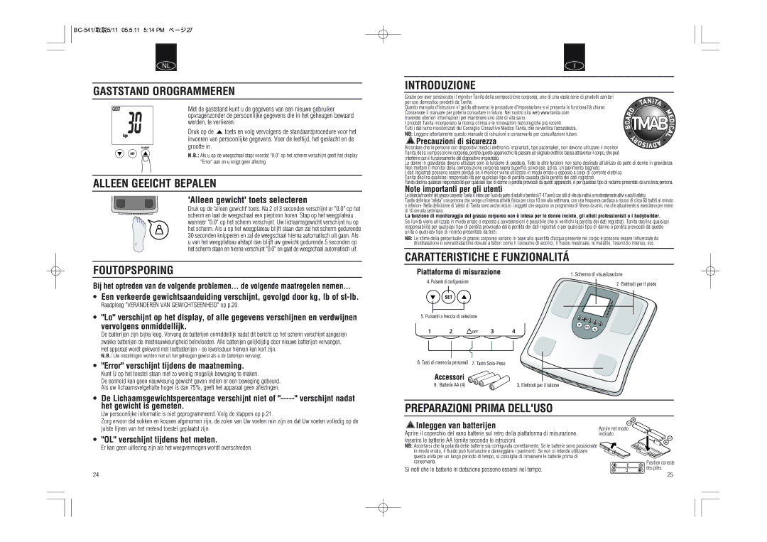 Tanita BC-541 instruction manual Gaststand Orogrammeren, Alleen Geeicht Bepalen, Foutopsporing, Introduzione 