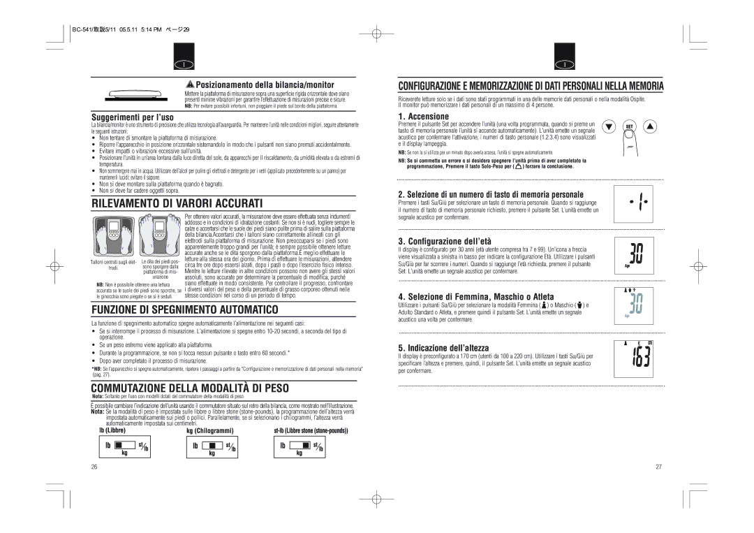 Tanita BC-541 instruction manual Funzione DI Spegnimento Automatico, Commutazione Della Modalità DI Peso 