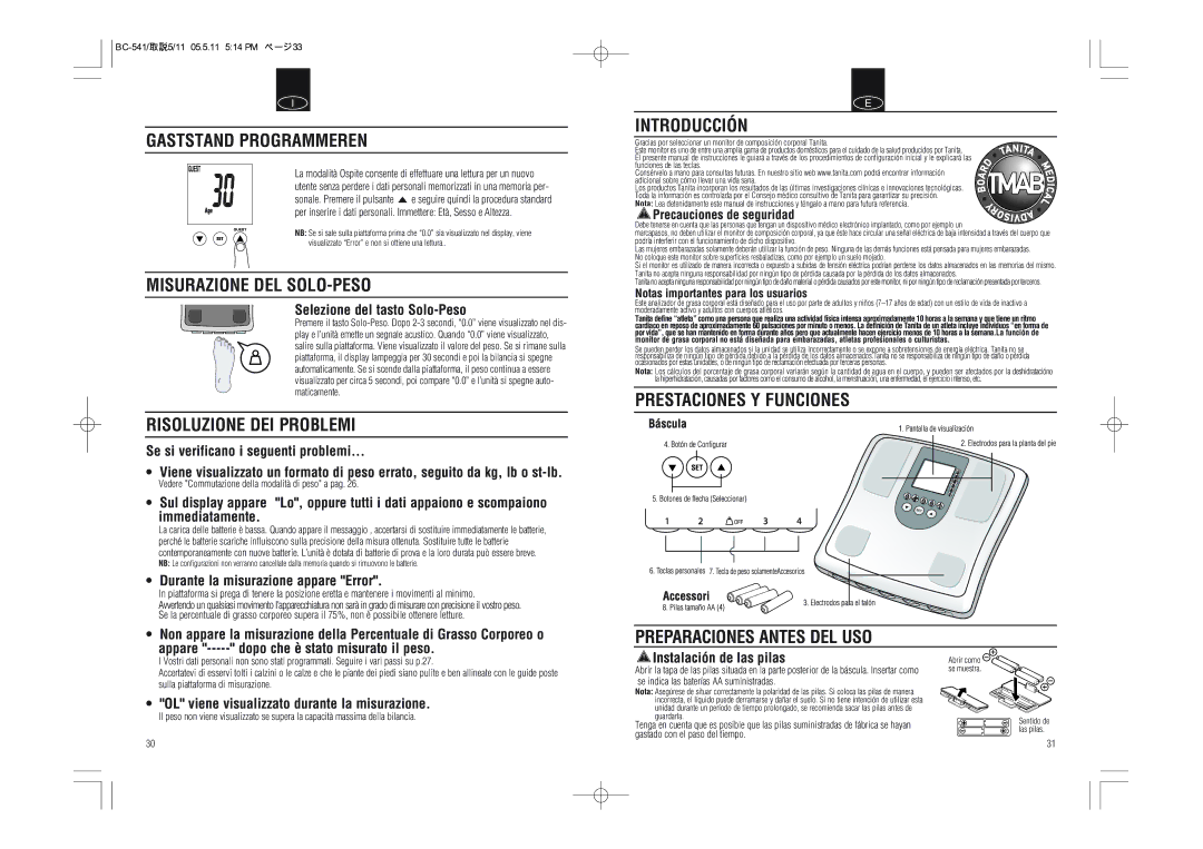 Tanita BC-541 instruction manual Gaststand Programmeren, Misurazione DEL SOLO-PESO, Risoluzione DEI Problemi, Introducción 