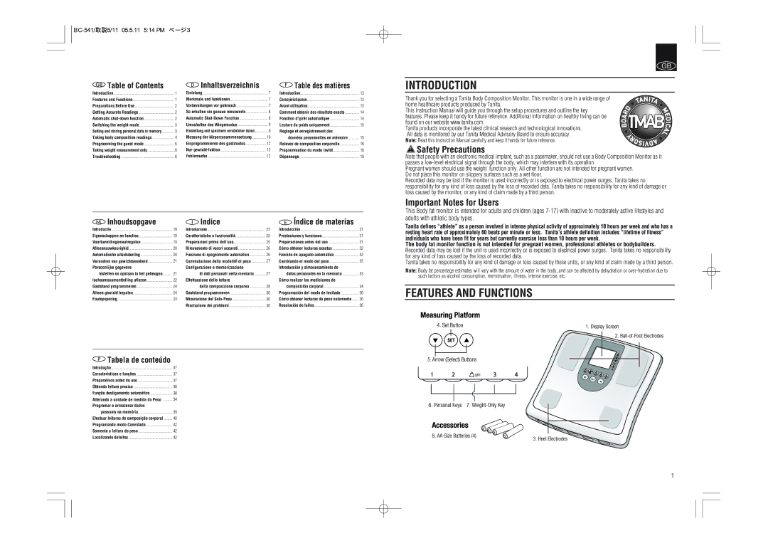 Tanita BC-541 instruction manual Introduction, Features and Functions, Safety Precautions, Important Notes for Users 