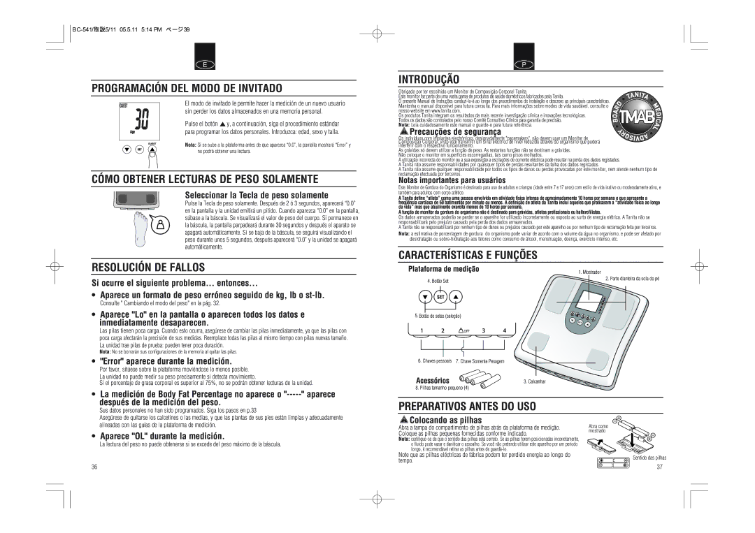 Tanita BC-541 Programación DEL Modo DE Invitado, Cómo Obtener Lecturas DE Peso Solamente, Resolución DE Fallos, Introdução 