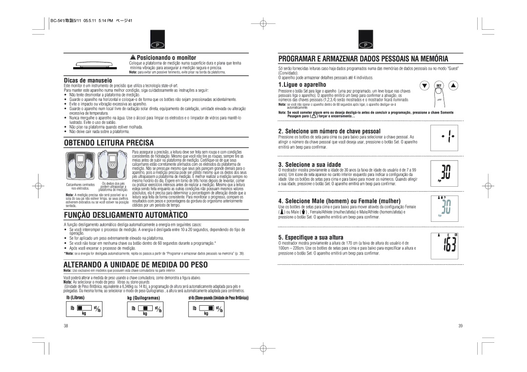 Tanita BC-541 Obtendo Leitura Precisa, Funçào Desligamento Automàtico, Alterando a Unidade DE Medida do Peso 