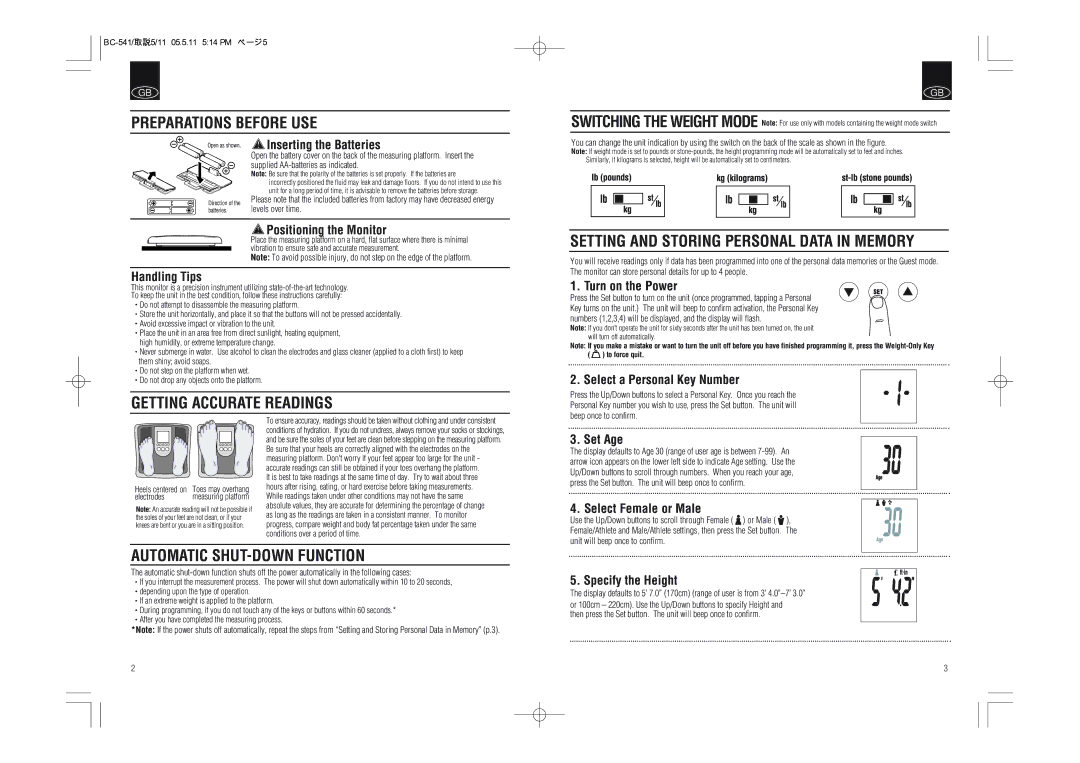 Tanita BC-541 Preparations Before USE, Getting Accurate Readings, Setting and Storing Personal Data in Memory 