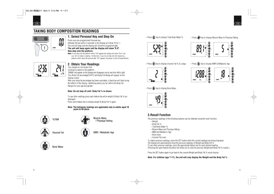 Tanita BC-541 Taking Body Composition Readings, Select Personal Key and Step On, Obtain Your Readings, Recall Function 