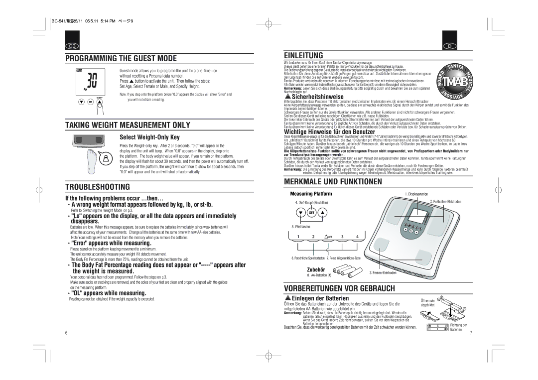 Tanita BC-541 instruction manual Programming the Guest Mode, Taking Weight Measurement only, Troubleshooting, Einleitung 