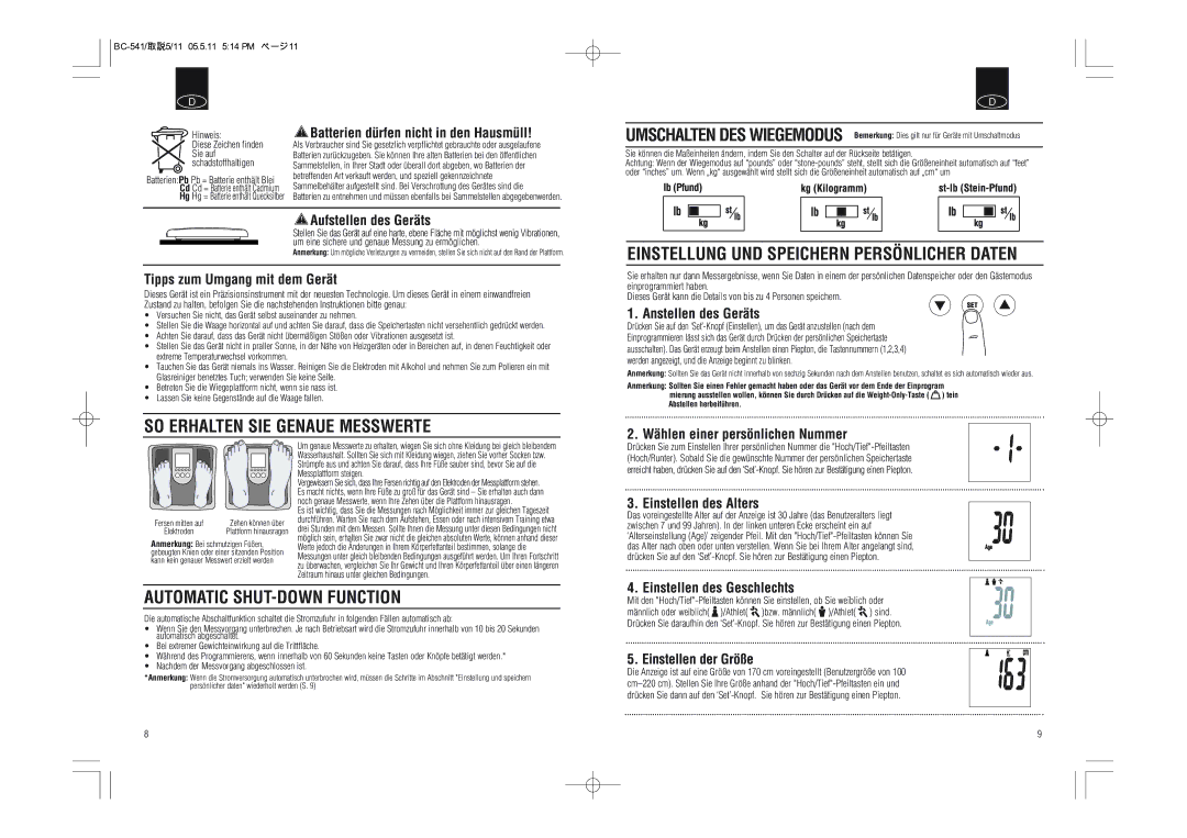 Tanita BC-541 Batterien dürfen nicht in den Hausmüll, Aufstellen des Geräts, Tipps zum Umgang mit dem Gerät 