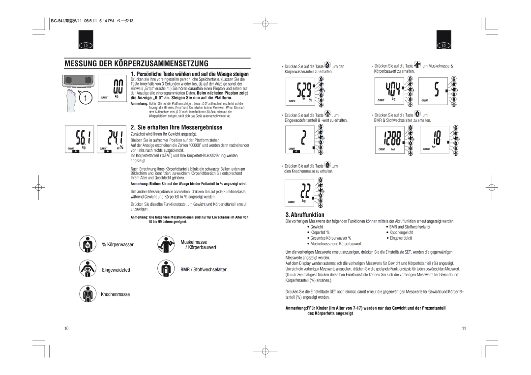 Tanita BC-541 instruction manual Messung DER Körperzusammensetzung, Sie erhalten Ihre Messergebnisse, Abruffunktion 