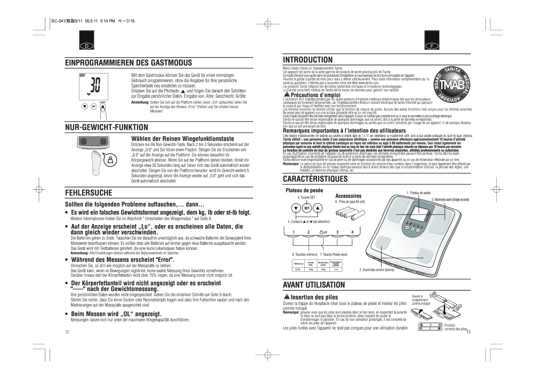 Tanita BC-541 Einprogrammieren DES Gastmodus, Nur-Gewicht-Funktion, Fehlersuche, Caractéristiques Avant Utilisation 