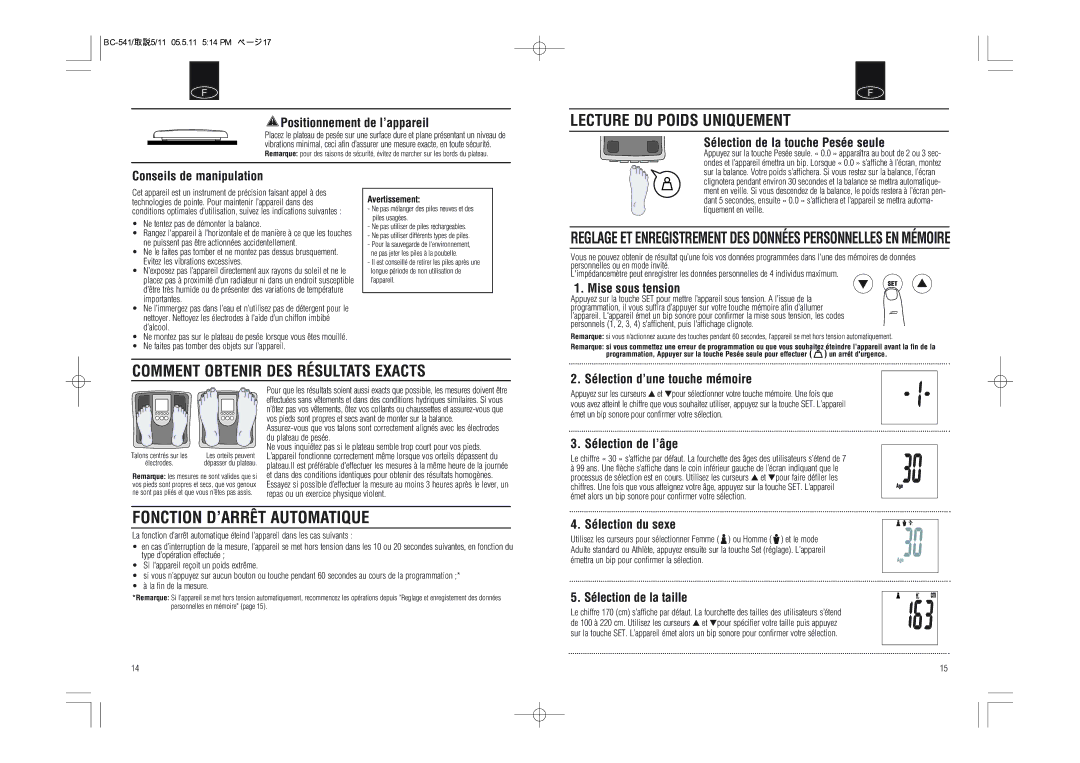 Tanita BC-541 instruction manual Lecture DU Poids Uniquement, Comment Obtenir DES Résultats Exacts 