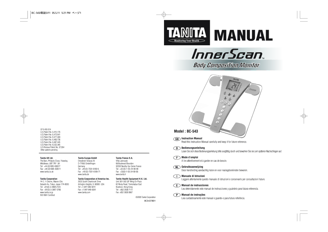 Tanita instruction manual Model BC-543, Lire attentivement et à garder en cas de besoin 