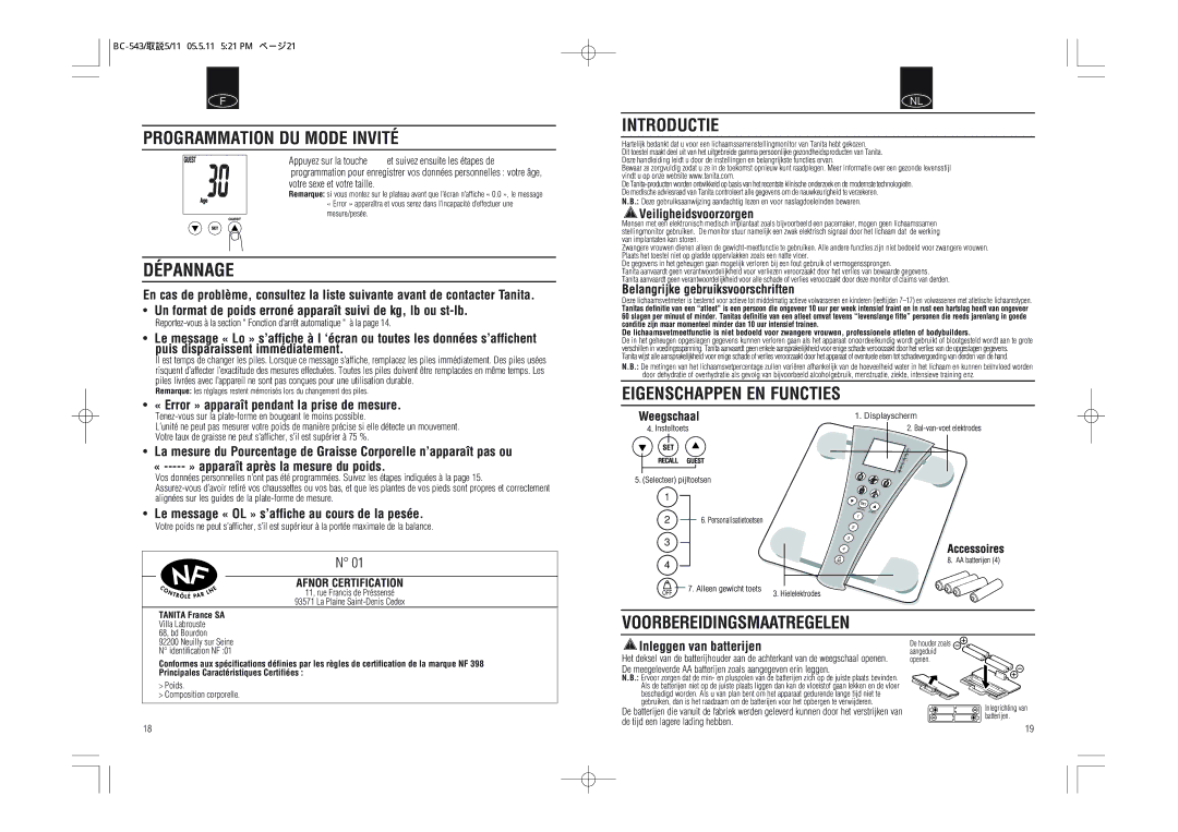 Tanita BC-543 Programmation DU Mode Invité, Introductie, Eigenschappen EN Functies, Voorbereidingsmaatregelen 