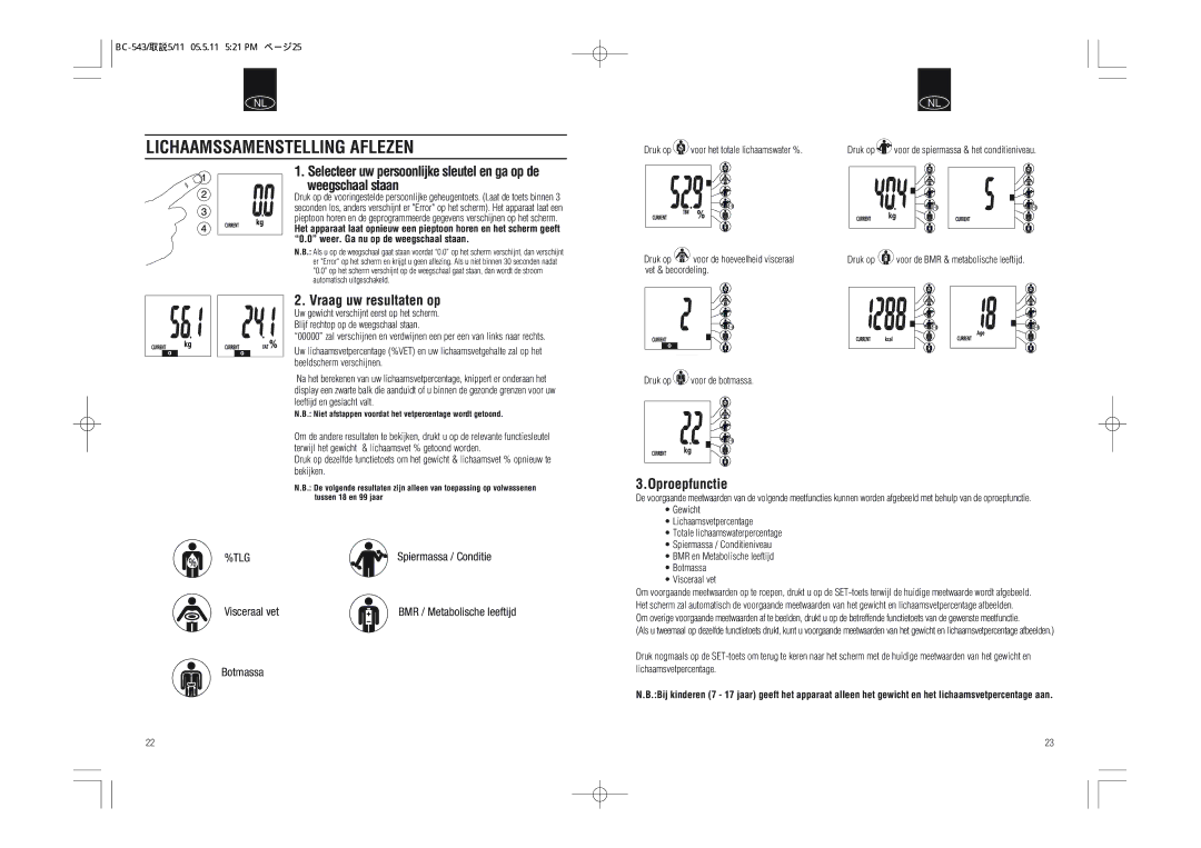 Tanita BC-543 instruction manual Lichaamssamenstelling Aflezen, Vraag uw resultaten op, Oproepfunctie 