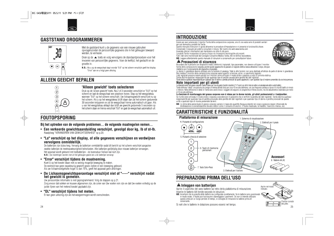 Tanita BC-543 Gaststand Orogrammeren, Alleen Geeicht Bepalen, Foutopsporing, Introduzione, Caratteristiche E Funzionalitá 