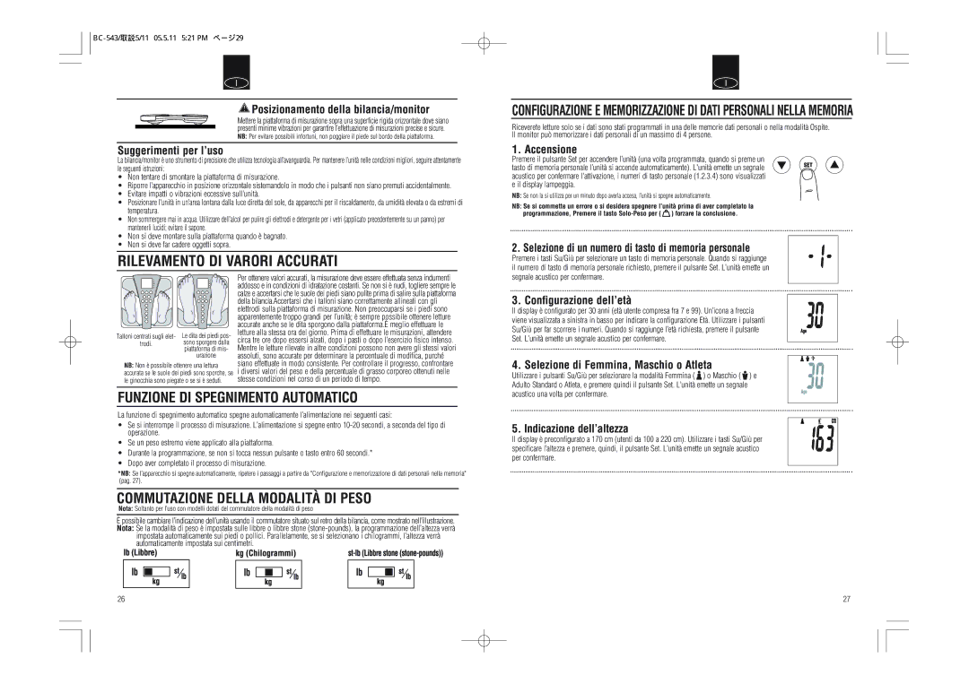 Tanita BC-543 instruction manual Funzione DI Spegnimento Automatico, Commutazione Della Modalità DI Peso 