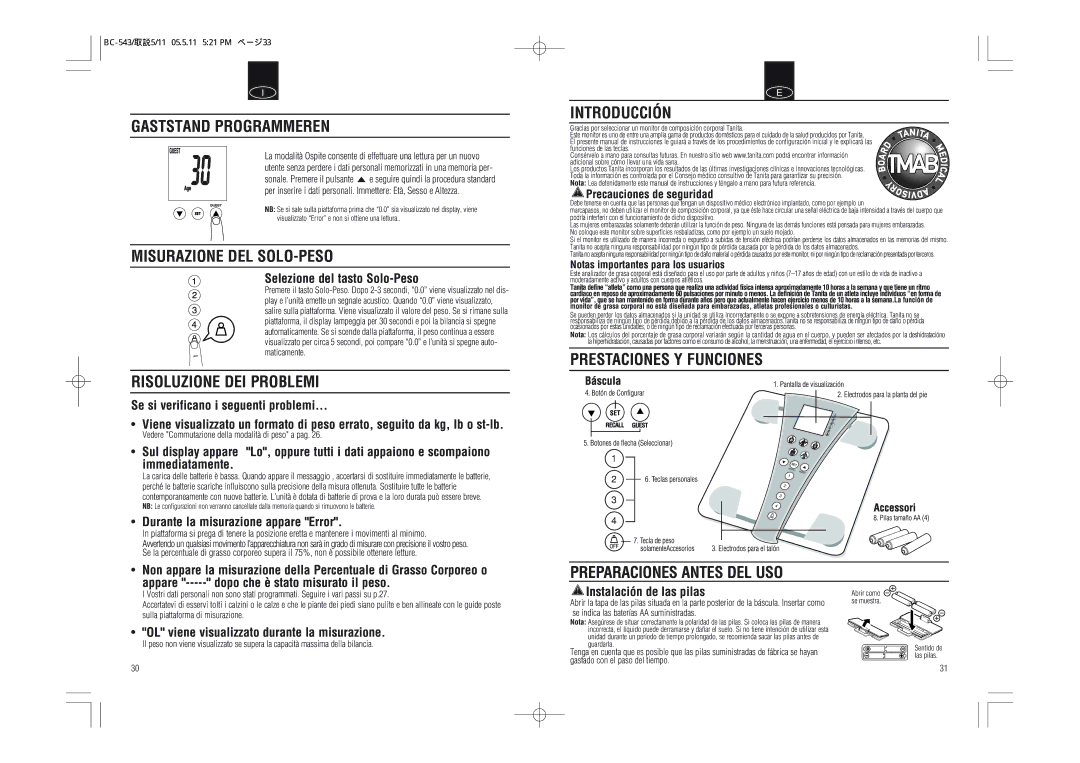 Tanita BC-543 instruction manual Gaststand Programmeren, Misurazione DEL SOLO-PESO, Risoluzione DEI Problemi, Introducción 