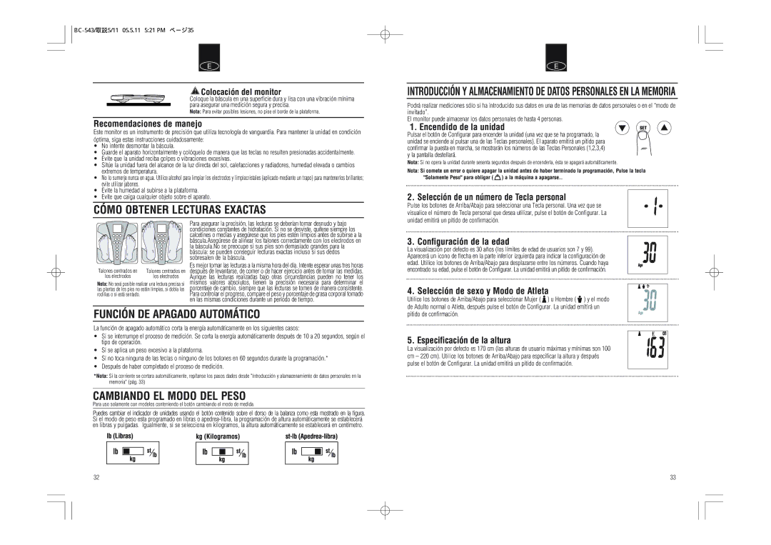 Tanita BC-543 instruction manual Cómo Obtener Lecturas Exactas, Función DE Apagado Automático, Cambiando EL Modo DEL Peso 