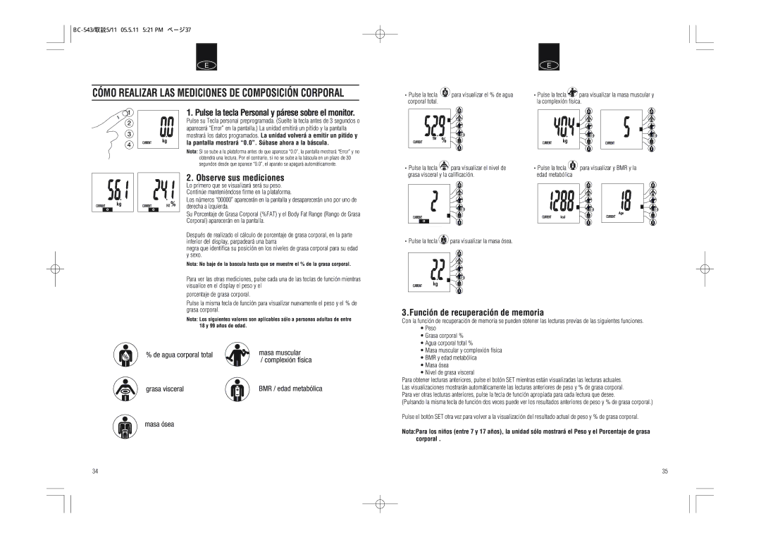 Tanita BC-543 instruction manual Pulse la tecla Personal y párese sobre el monitor, Observe sus mediciones, Masa ósea 