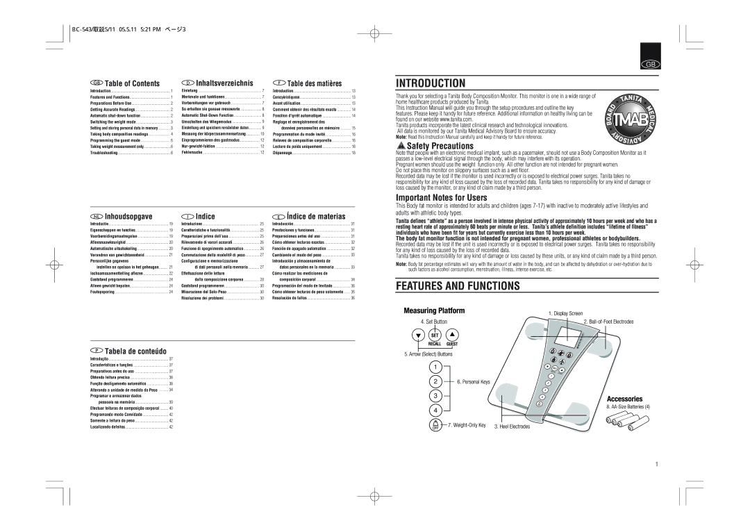 Tanita BC-543 instruction manual Introduction, Features and Functions, Safety Precautions, Important Notes for Users 