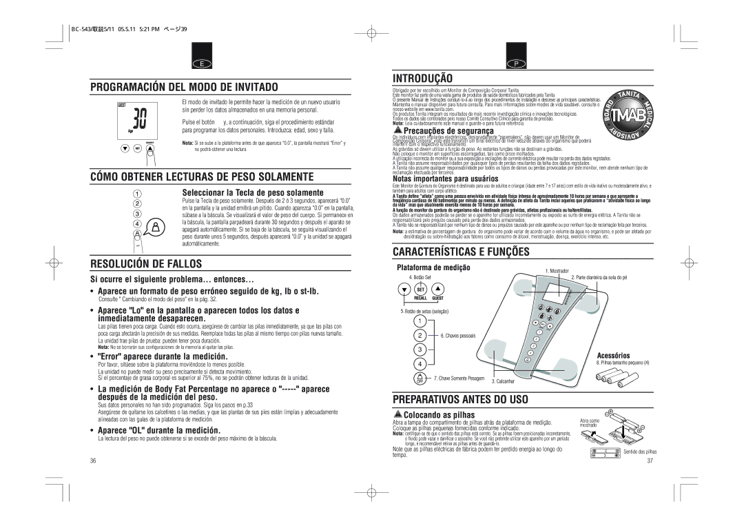 Tanita BC-543 Programación DEL Modo DE Invitado, Cómo Obtener Lecturas DE Peso Solamente, Resolución DE Fallos, Introdução 