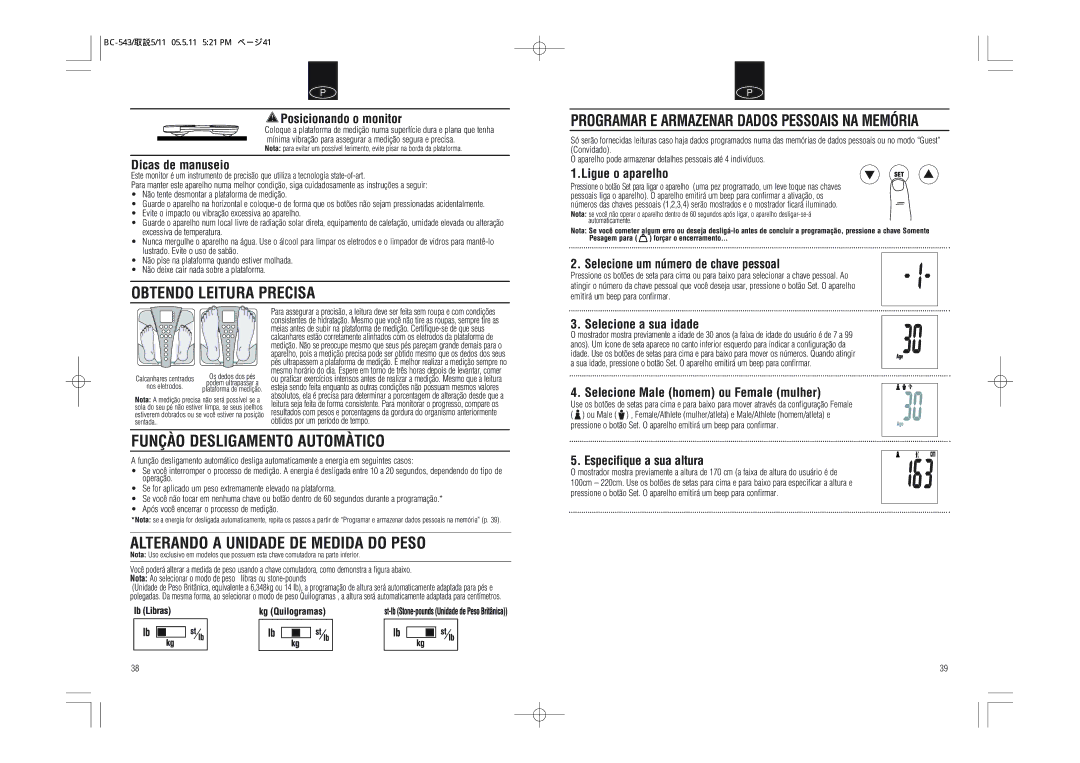 Tanita BC-543 Obtendo Leitura Precisa, Funçào Desligamento Automàtico, Alterando a Unidade DE Medida do Peso 