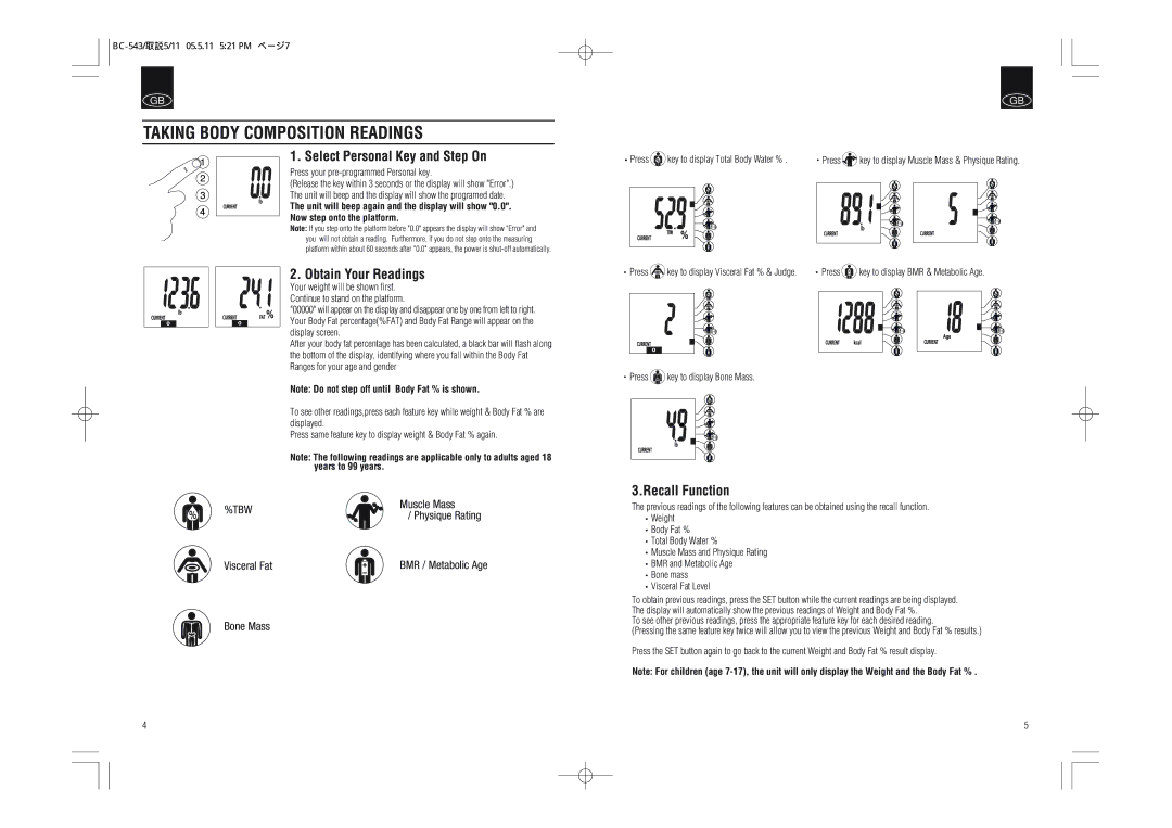 Tanita BC-543 Taking Body Composition Readings, Select Personal Key and Step On, Obtain Your Readings, Recall Function 