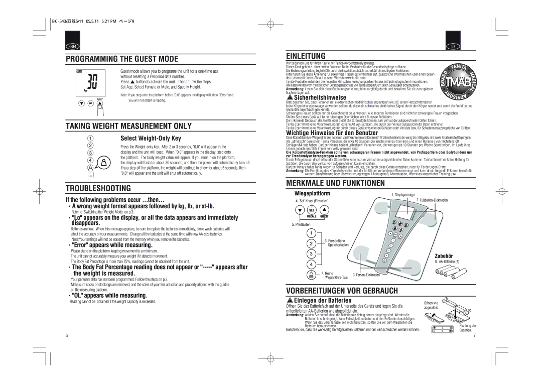 Tanita BC-543 instruction manual Programming the Guest Mode, Taking Weight Measurement only, Troubleshooting, Einleitung 