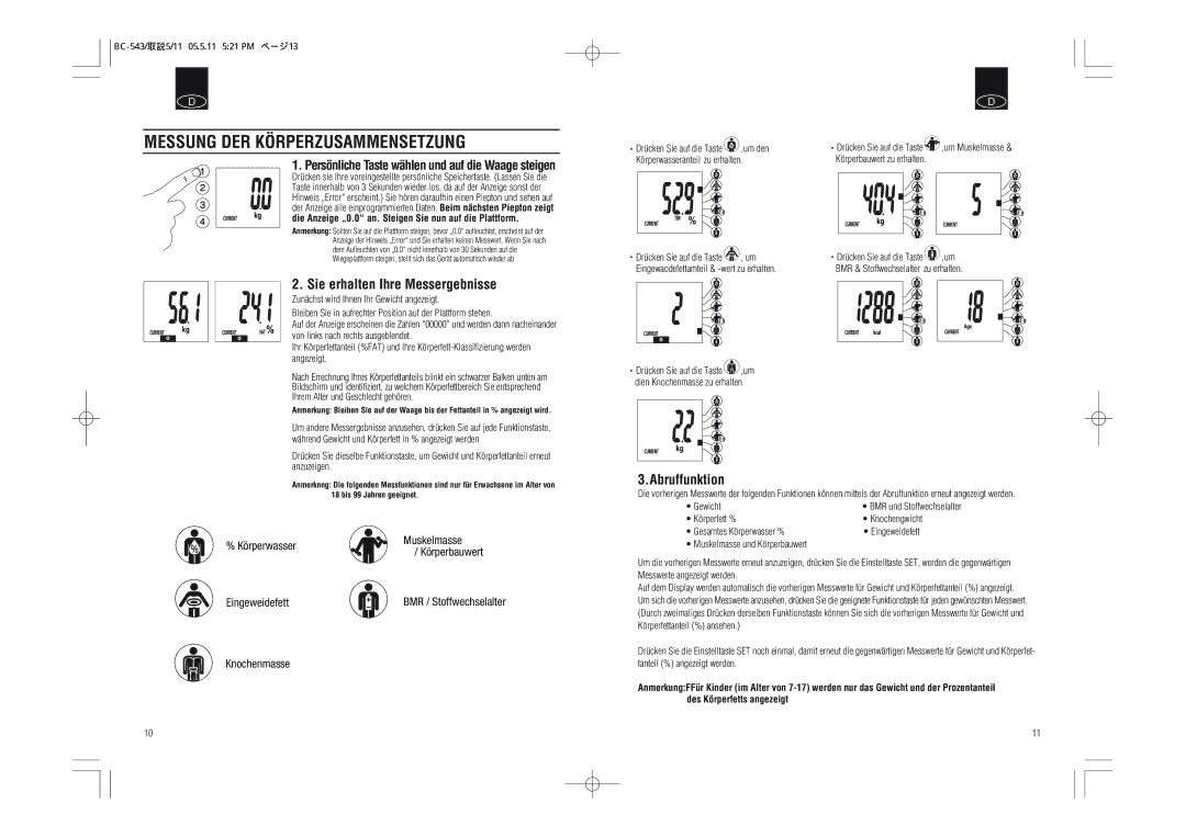 Tanita BC-543 instruction manual Messung DER Körperzusammensetzung, Sie erhalten Ihre Messergebnisse, Abruffunktion 