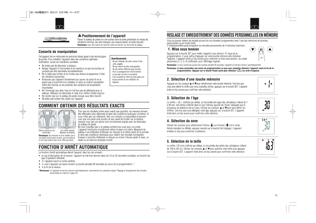 Tanita BC-543 instruction manual Comment Obtenir DES Résultats Exacts 