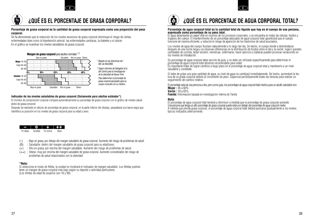 Tanita BC 548 manual ¿QUÉ ES EL Porcentaje DE Agua Corporal TOTAL?, Nota, Mujer 45 a 60% Varón 50 a 65% 