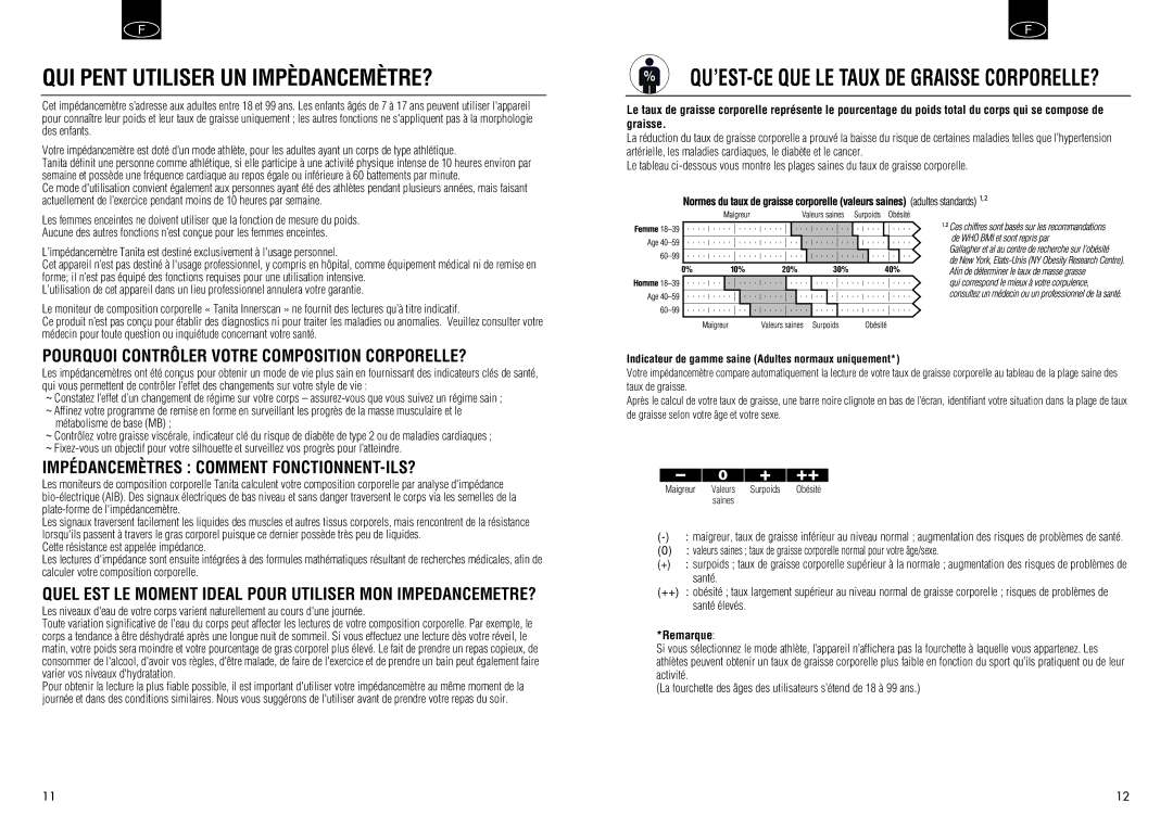 Tanita BC 548 manual QUI Pent Utiliser UN IMPÈDANCEMÈTRE?, QU’EST-CE QUE LE Taux DE Graisse CORPORELLE? 