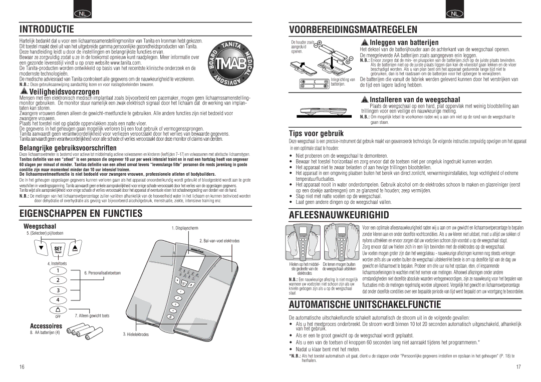 Tanita BC-549 instruction manual Introductie Voorbereidingsmaatregelen, Eigenschappen EN Functies, Afleesnauwkeurighid 