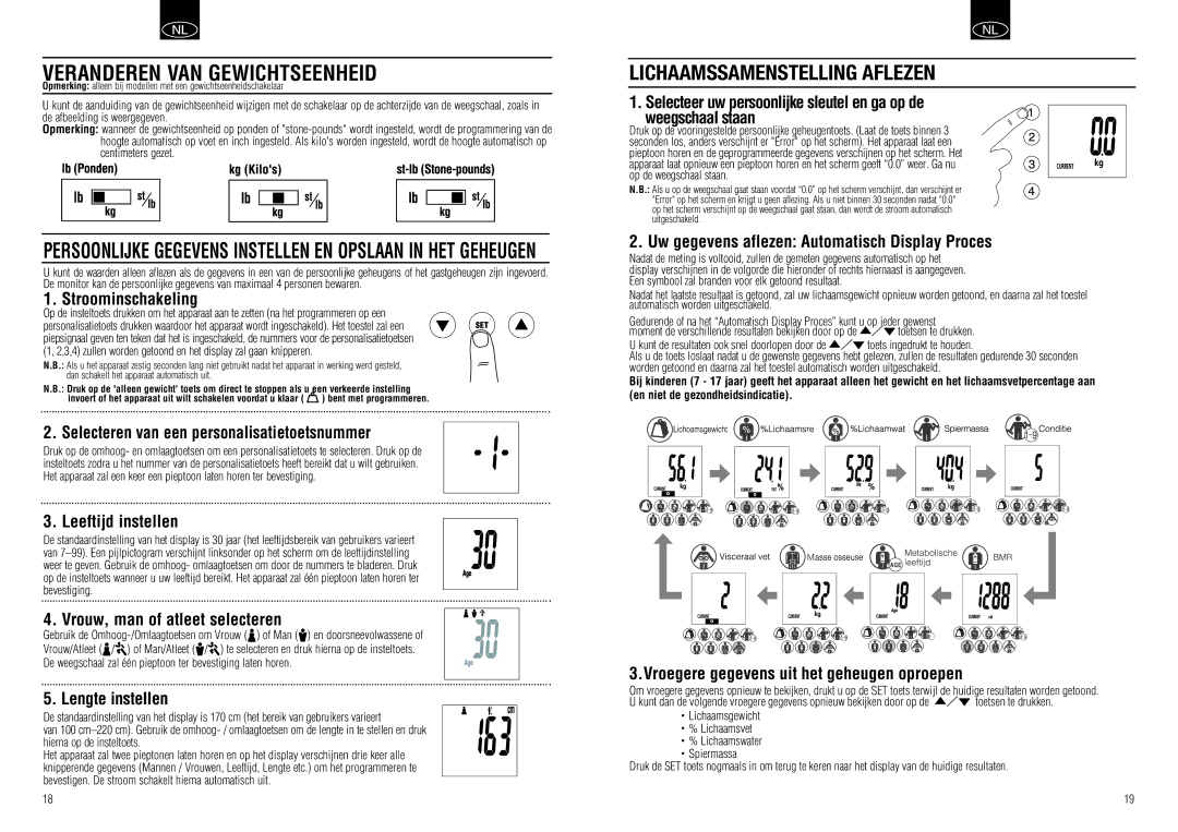 Tanita BC-549 instruction manual Veranderen VAN Gewichtseenheid 