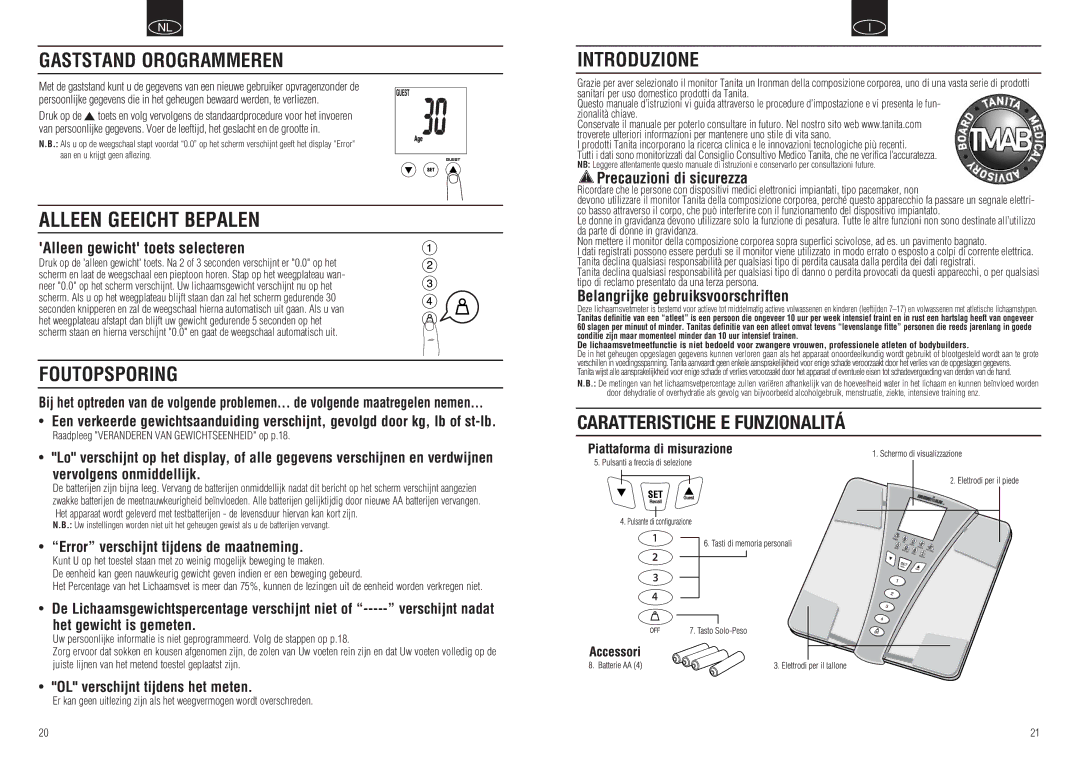 Tanita BC-549 instruction manual Gaststand Orogrammeren, Foutopsporing, Introduzione 