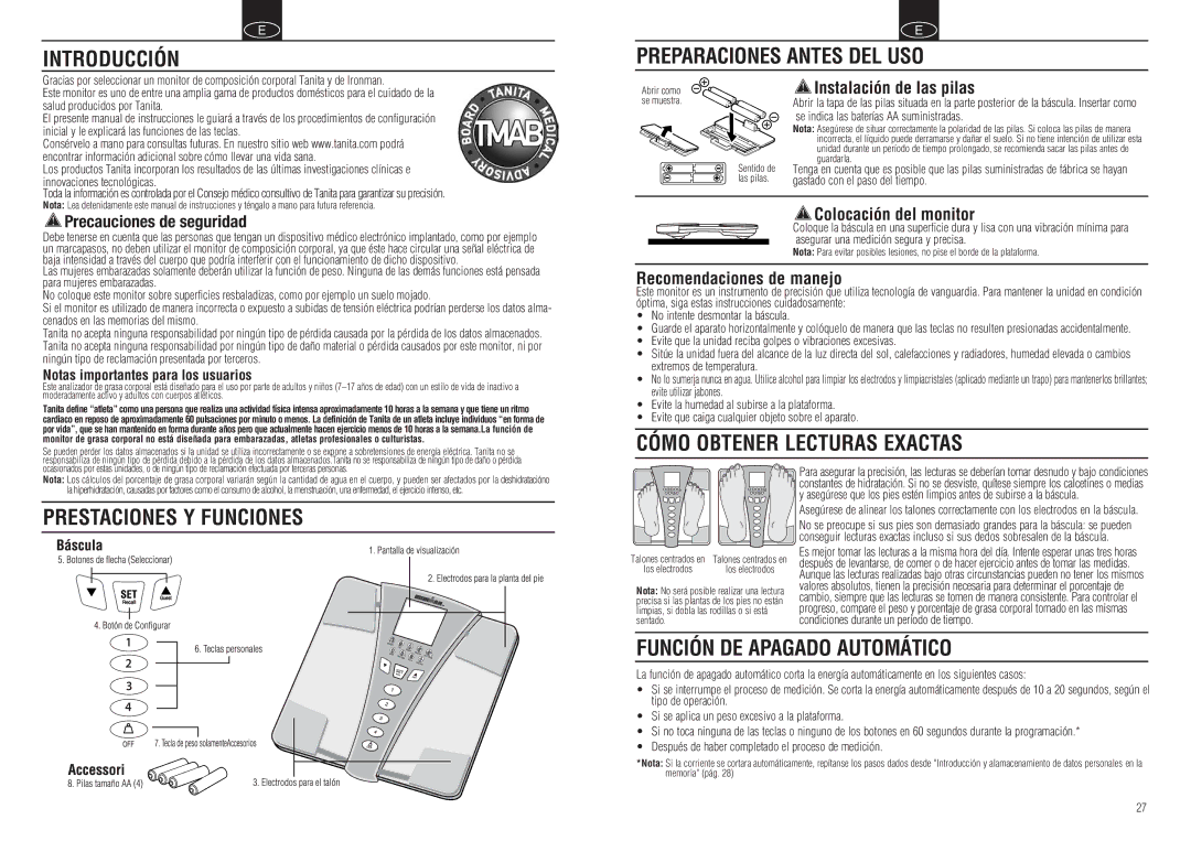 Tanita BC-549 Introducción Preparaciones Antes DEL USO, Cómo Obtener Lecturas Exactas, Prestaciones Y Funciones 