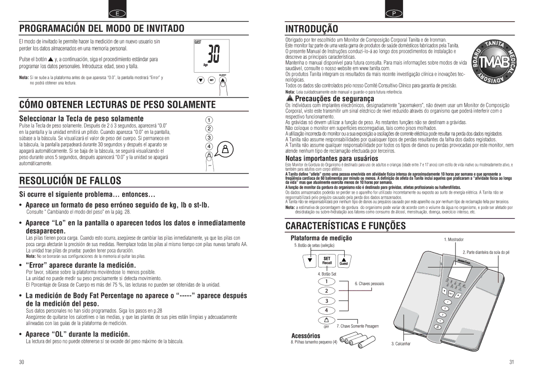 Tanita BC-549 instruction manual Programación DEL Modo DE Invitado, Cómo Obtener Lecturas DE Peso Solamente, Introdução 