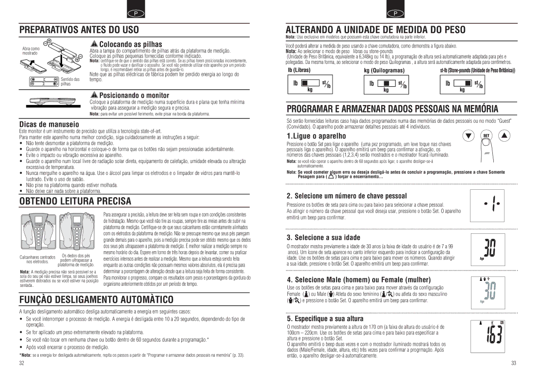 Tanita BC-549 Preparativos Antes do USO, Funçào Desligamento Automàtico, Colocando as pilhas, Dicas de manuseio 