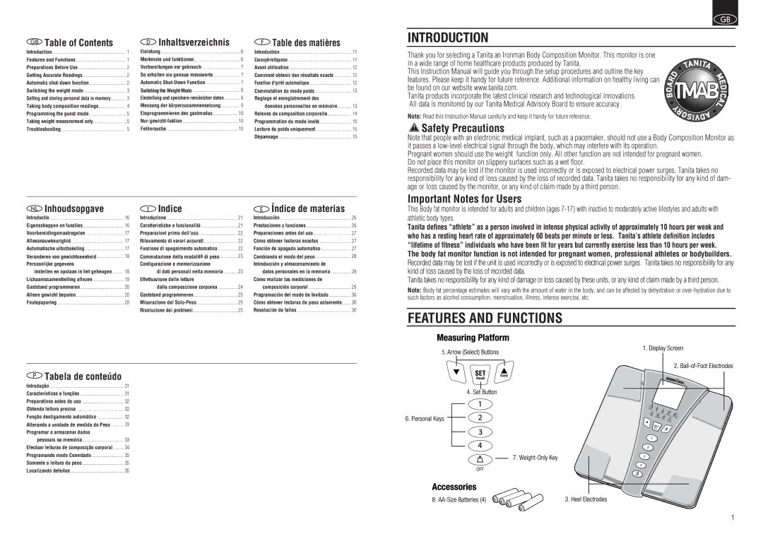 Tanita BC-549 instruction manual Features and Functions, Safety Precautions, Important Notes for Users 