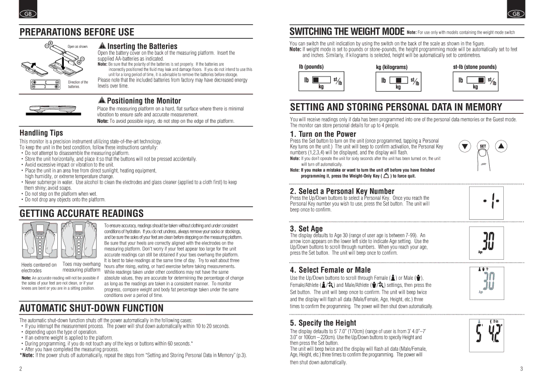 Tanita BC-549 instruction manual Preparations Before USE, Getting Accurate Readings, Automatic SHUT-DOWN Function 