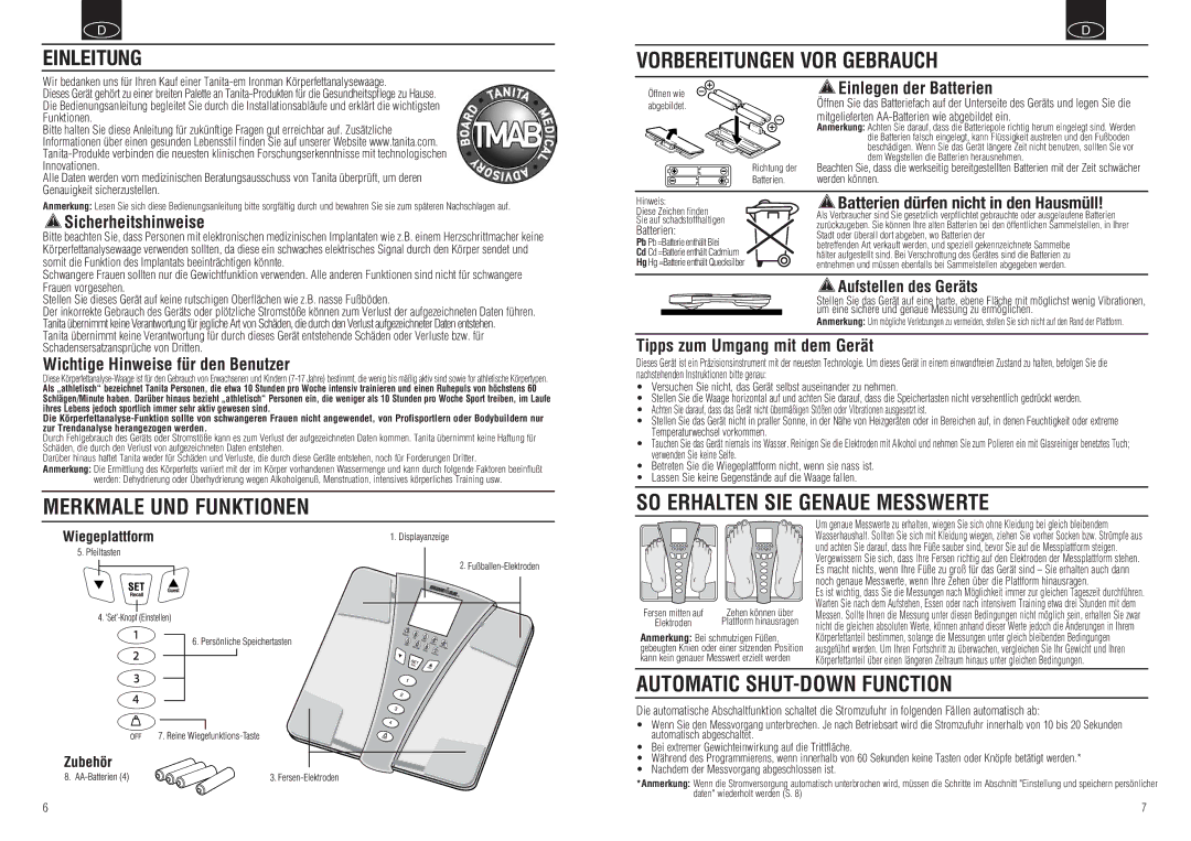 Tanita BC-549 instruction manual Merkmale UND Funktionen Vorbereitungen VOR Gebrauch, SO Erhalten SIE Genaue Messwerte 