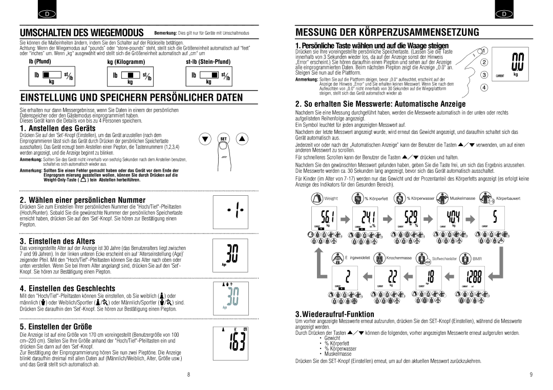 Tanita BC-549 instruction manual Einstellung UND Speichern Persönlicher Daten, Messung DER Körperzusammensetzung 