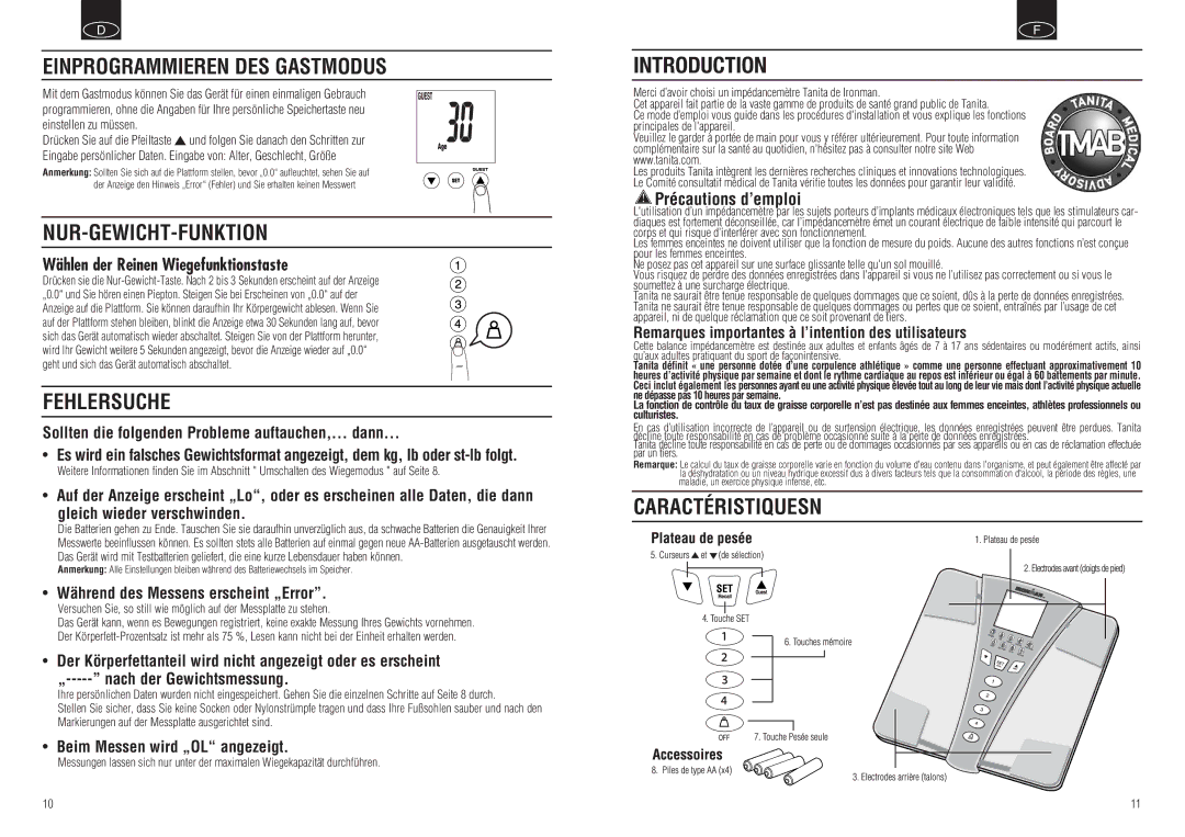 Tanita BC-549 instruction manual Einprogrammieren DES Gastmodus, Nur-Gewicht-Funktion, Fehlersuche, Caractéristiquesn 