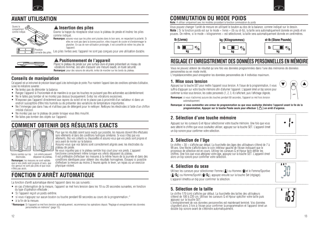 Tanita BC-549 instruction manual Avant Utilisation Commutation DU Mode Poids, Comment Obtenir DES Résultats Exacts 