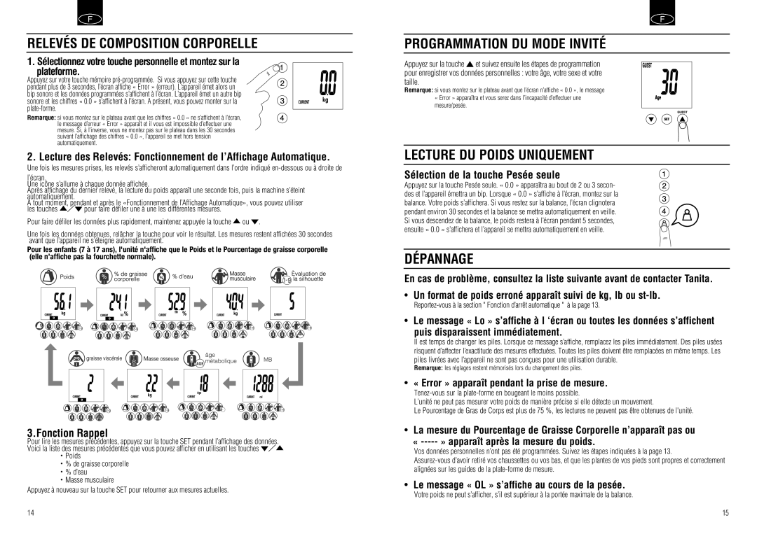 Tanita BC-549 Relevés DE Composition Corporelle, Programmation DU Mode Invité, Lecture DU Poids Uniquement, Dépannage 