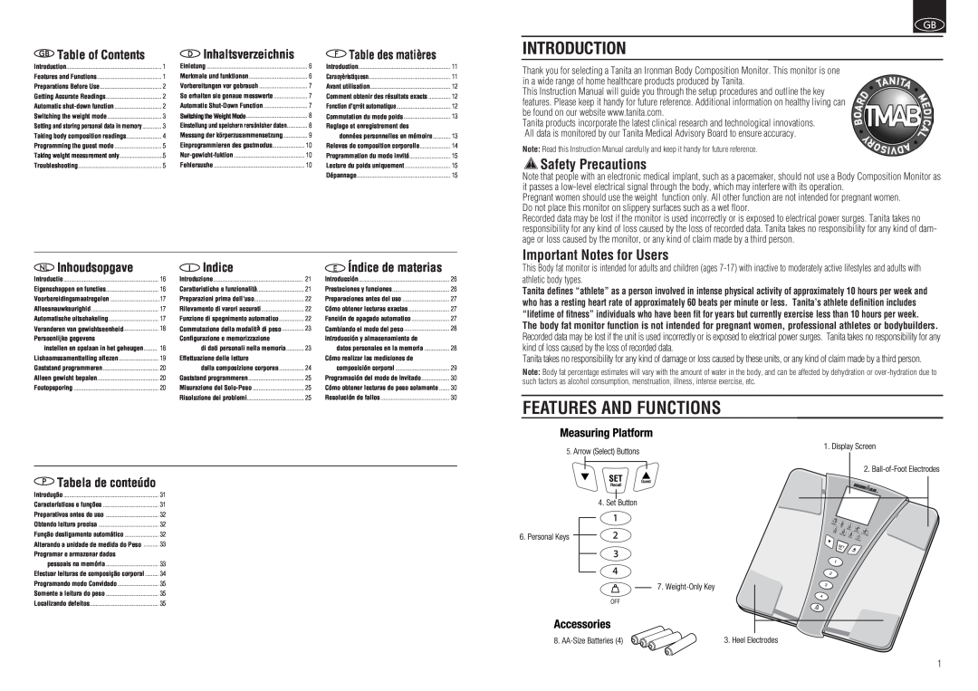 Tanita BC-549 Introduction, Features And Functions, Safety Precautions, Important Notes for Users, GB Table of Contents 