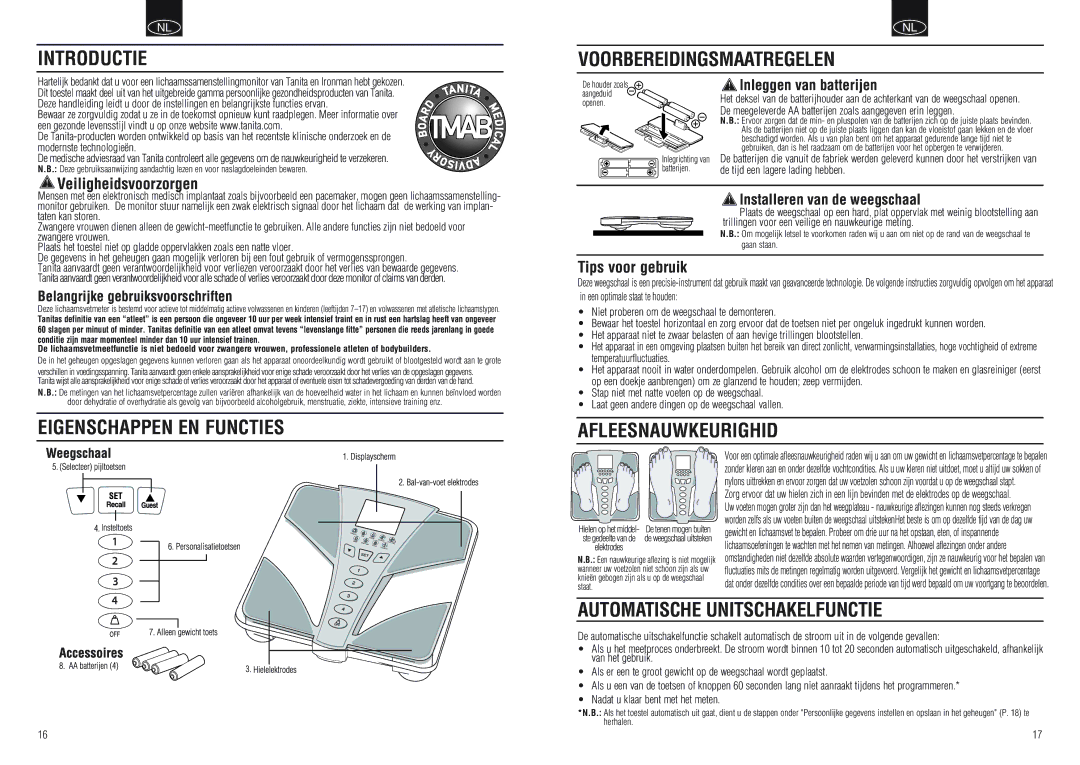 Tanita BC-554 instruction manual Introductie Voorbereidingsmaatregelen, Eigenschappen EN Functies, Afleesnauwkeurighid 